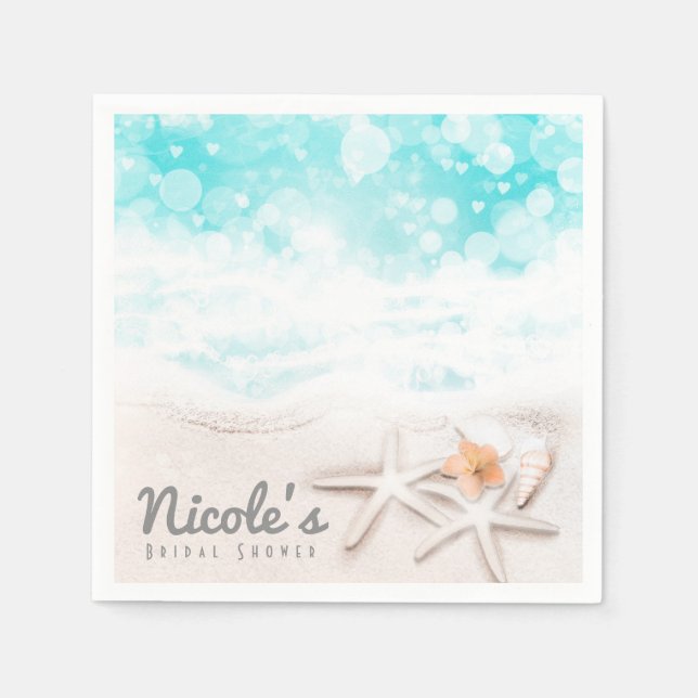 White Sandy Beach Starfish Blue Ocean Custom Party Napkins (Front)