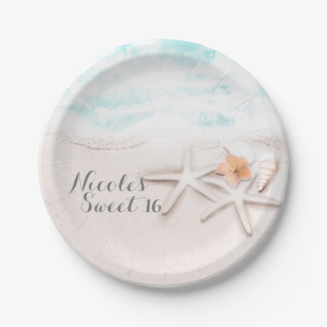 White Sandy Beach Starfish Blue Ocean Custom Party Paper Plates (Front)