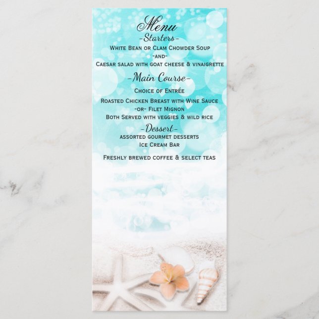 White Sandy Beach Starfish Blue Ocean Menu Card (Front)