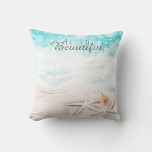 White Sandy Beach Starfish Blue Ocean Tropical C Throw Pillow