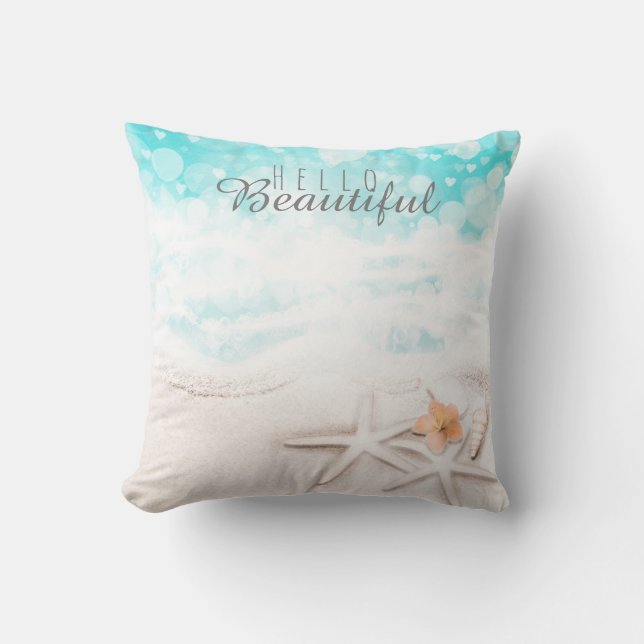 White Sandy Beach Starfish Blue Ocean Tropical C Throw Pillow (Front)