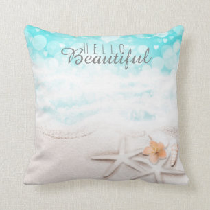 White Sandy Beach Starfish Blue Ocean Tropical C Throw Pillow
