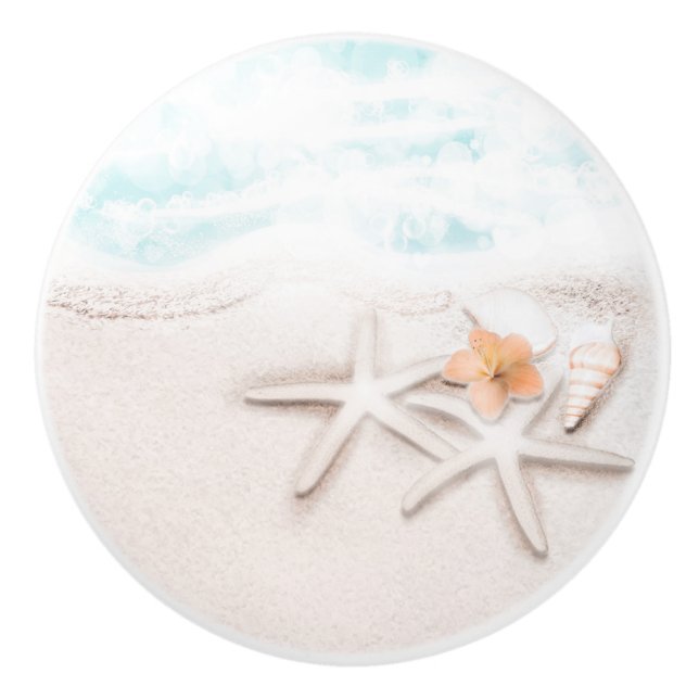 White Sandy Beach Starfish Blue Ocean Tropical Ceramic Knob (Front)