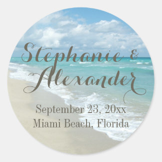 White Sandy Beach Waves Personalized Wedding Favor Classic Round Sticker