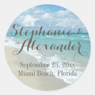 White Sandy Beach Waves Personalized Wedding Favor Classic Round Sticker