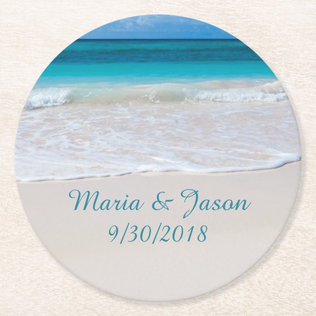 White Sandy Beach Wedding Paper Coasters (Front)