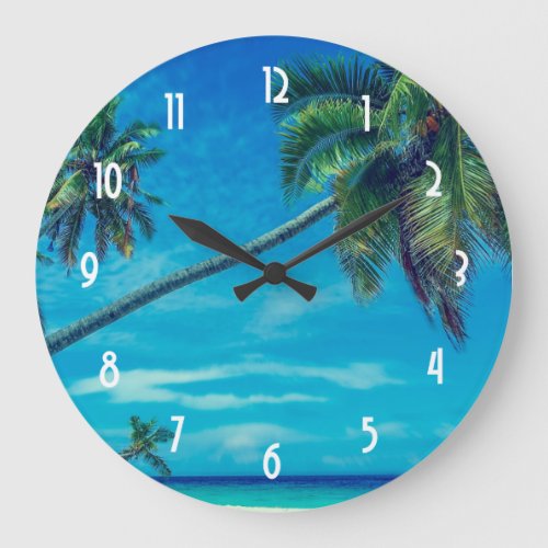 White Sandy Beach with Coconut Palms Large Clock