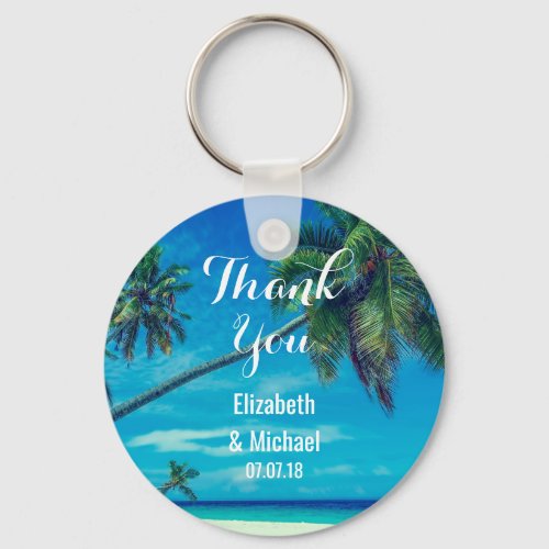 White Sandy Beach with Coconut Palms Wedding Keychain