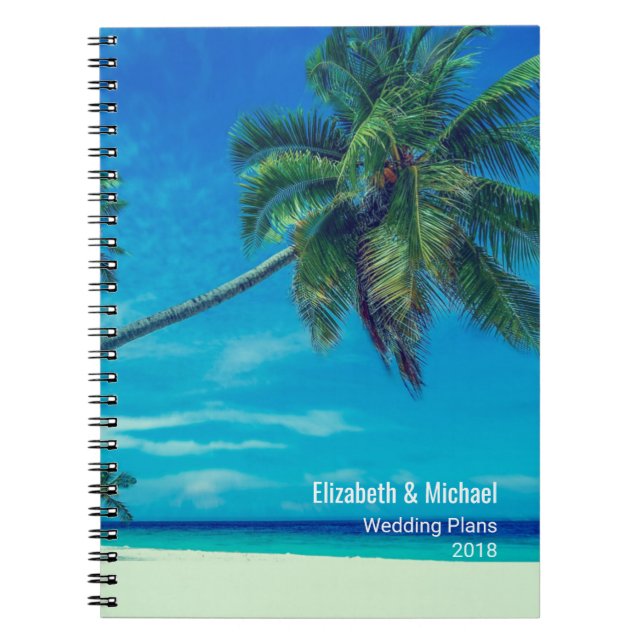 White Sandy Beach with Palm Trees Wedding Plans Notebook (Front)