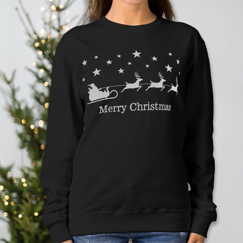 White Santa Sleigh And Deer  Merry Christmas Text Sweatshirt