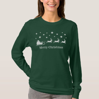 White Santa Sleigh And Deer &amp; Merry Christmas Text T-Shirt