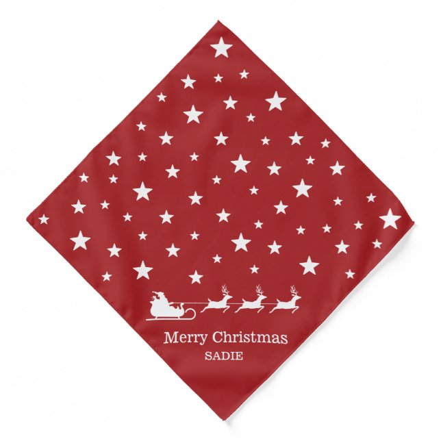 White Santa Sleigh And Merry Christmas Text On Red Bandana (Front)