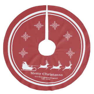 White Santa Sleigh And Merry Christmas Text On Red Brushed Polyester Tree Skirt