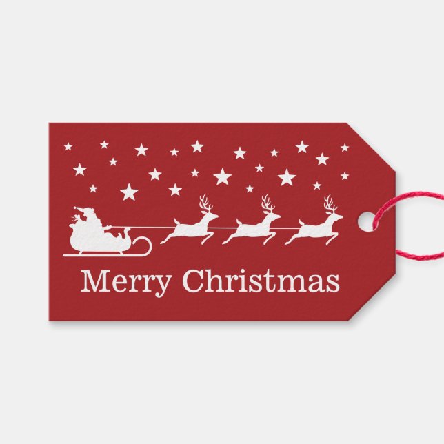 White Santa Sleigh And Merry Christmas Text On Red Gift Tags (Front (Horizontal))