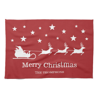 White Santa Sleigh And Merry Christmas Text On Red Kitchen Towel