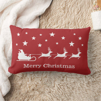 White Santa Sleigh And Merry Christmas Text On Red Lumbar Pillow