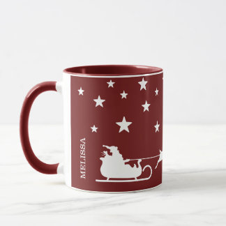 White Santa Sleigh And Merry Christmas Text On Red Mug