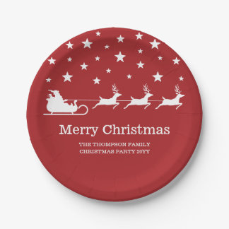 White Santa Sleigh And Merry Christmas Text On Red Paper Plates