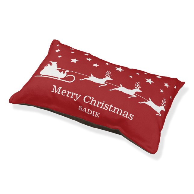 White Santa Sleigh And Merry Christmas Text On Red Pet Bed (Angled)