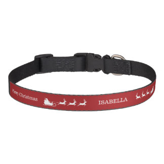 White Santa Sleigh And Merry Christmas Text On Red Pet Collar
