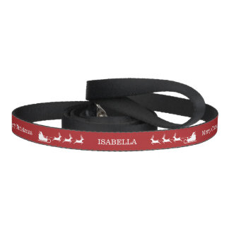 White Santa Sleigh And Merry Christmas Text On Red Pet Leash