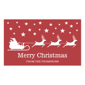 White Santa Sleigh And Merry Christmas Text On Red Rectangular Sticker