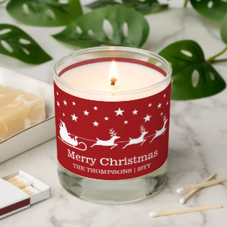 White Santa Sleigh And Merry Christmas Text On Red Scented Candle