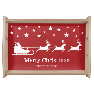 White Santa Sleigh And Merry Christmas Text On Red Serving Tray