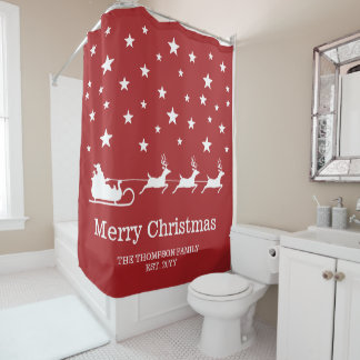 White Santa Sleigh And Merry Christmas Text On Red Shower Curtain