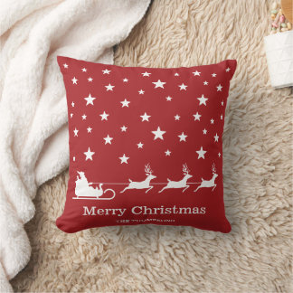 White Santa Sleigh And Merry Christmas Text On Red Throw Pillow