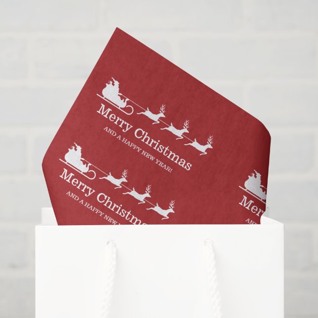 White Santa Sleigh And Merry Christmas Text On Red Tissue Paper (Gift Bag)
