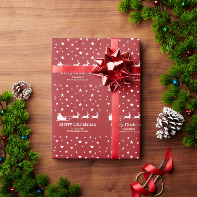 White Santa Sleigh And Merry Christmas Text On Red Wrapping Paper (Holiday Gift)