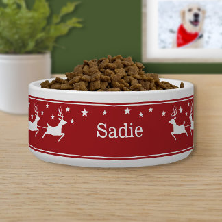 White Santa Sleigh And Stars On Red With A Name Bowl