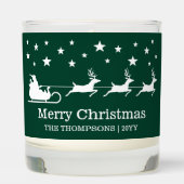 White Santa Sleigh Merry Christmas Text On Green Scented Candle (Front)
