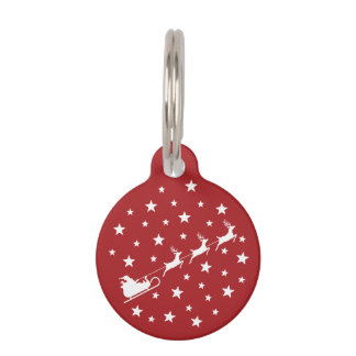 White Santa Sleigh With Reindeers And Stars On Red Pet ID Tag