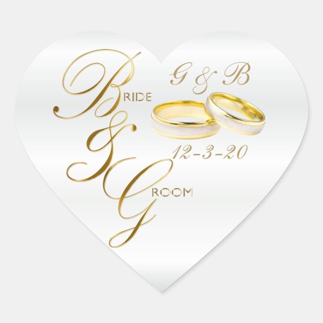 White Satin and Gold Wedding Rings with DIY Text Heart Sticker (Front)