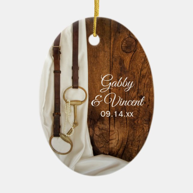 White Satin and Horse Bit Country Western Wedding Ceramic Ornament (Front)