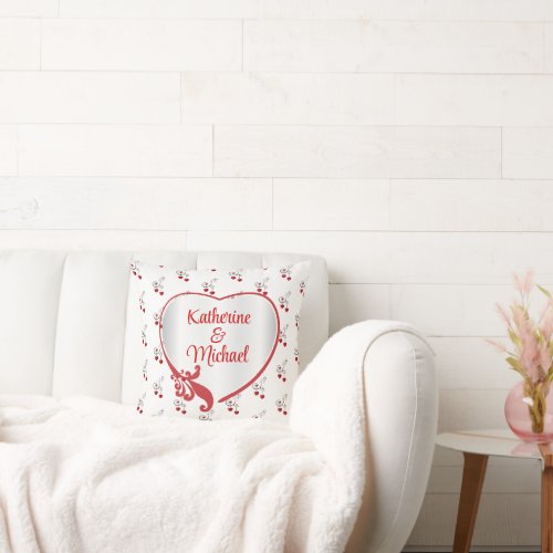 White Satin and Red Love Heart Pattern Throw Pillow