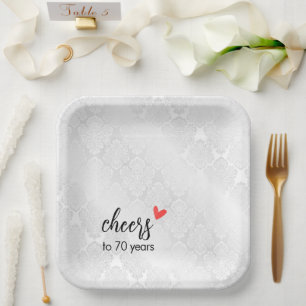 White Satin Damask 70th Anniversary Paper Plates