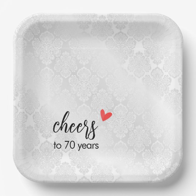 White Satin Damask 70th Anniversary Paper Plates (Front)