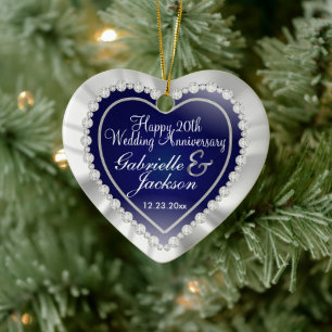 White Satin & Diamonds Wedding Keepsake Navy Blue Ceramic Ornament