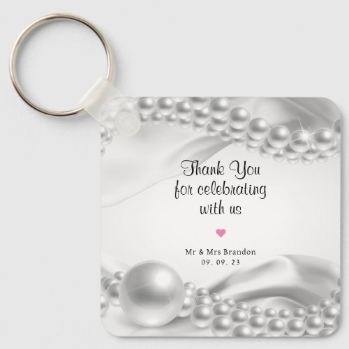 White Satin Fabric Pearls Thank You Favor Gift Keychain