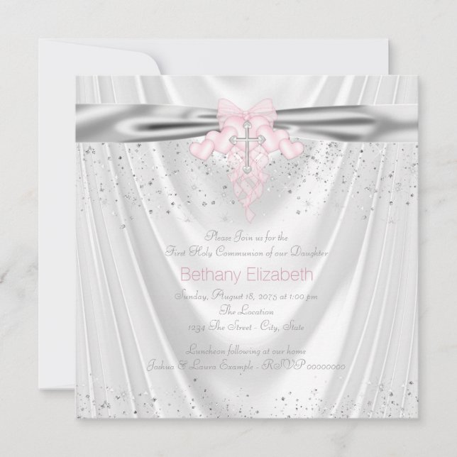 White Satin Glitter Pink Cross First Communion Invitation (Front)