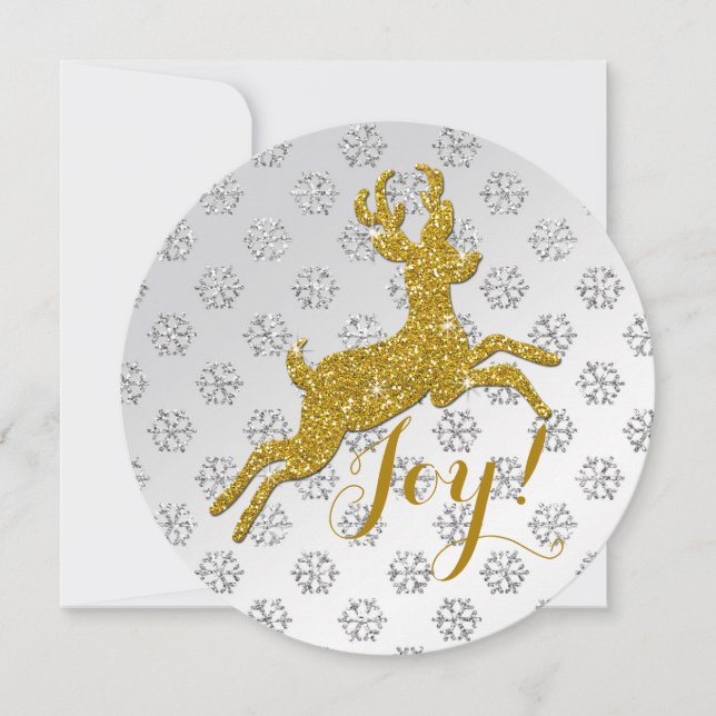 White Satin Glitter Snowflakes, Gold Glitter Deer Holiday Card (Front)