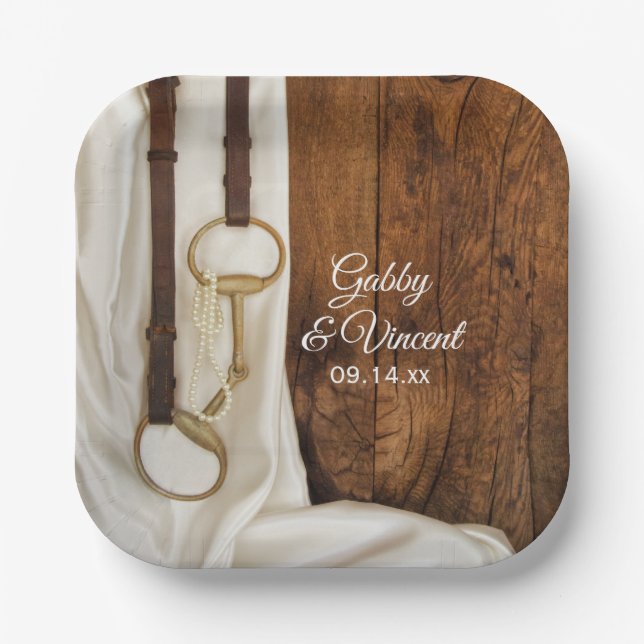 White Satin Horse Bit Country Western Wedding Paper Plates (Front)