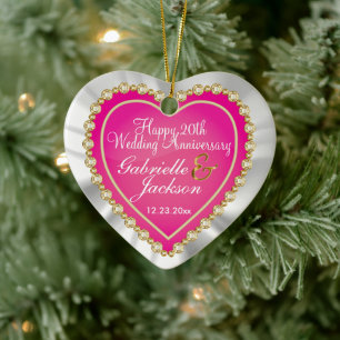 White Satin & Pink Heart Wedding Keepsake Ceramic Ornament