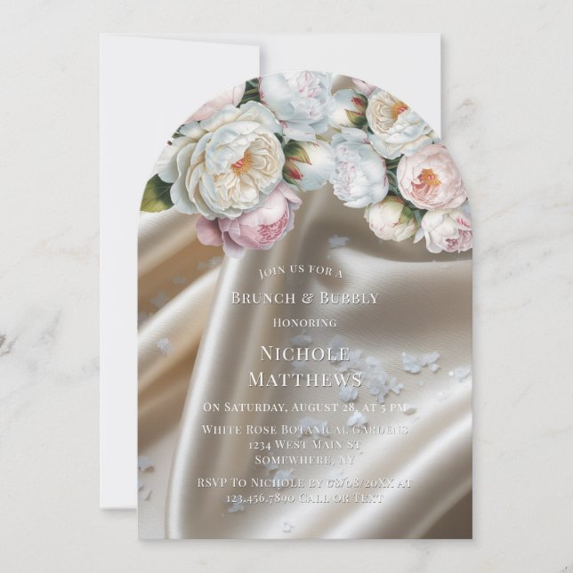 White Satin Roses and Peony Brunch & Bubbly Invitation (Front)