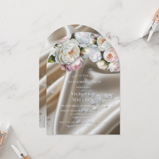 White Satin Roses and Peony Engagement Party Invitation (Front/Back In Situ)