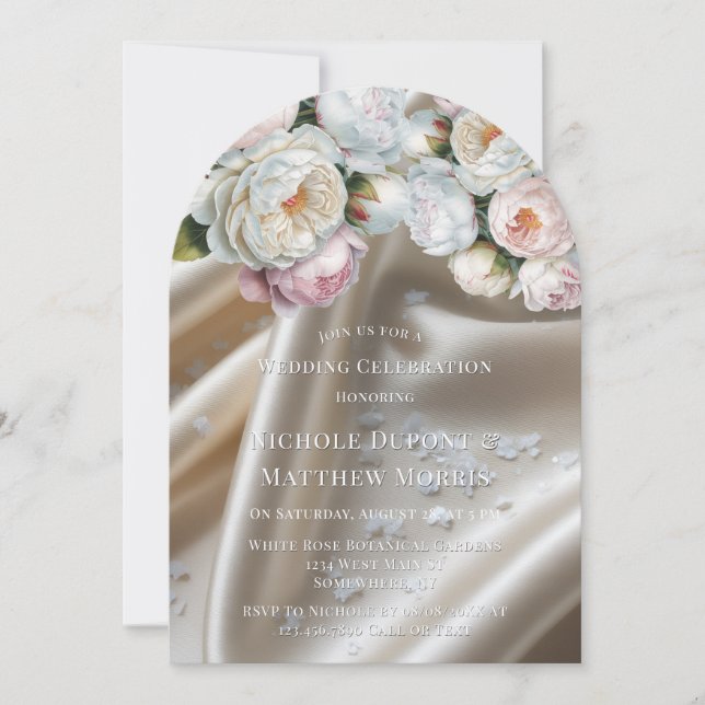 White Satin Roses and Peony Wedding Invitation (Front)