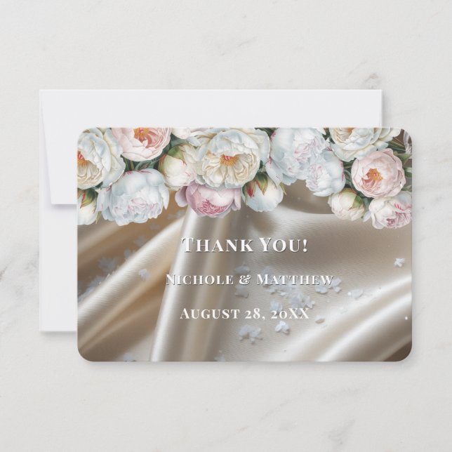 White Satin Roses and Peony Wedding Thank You Card (Front)